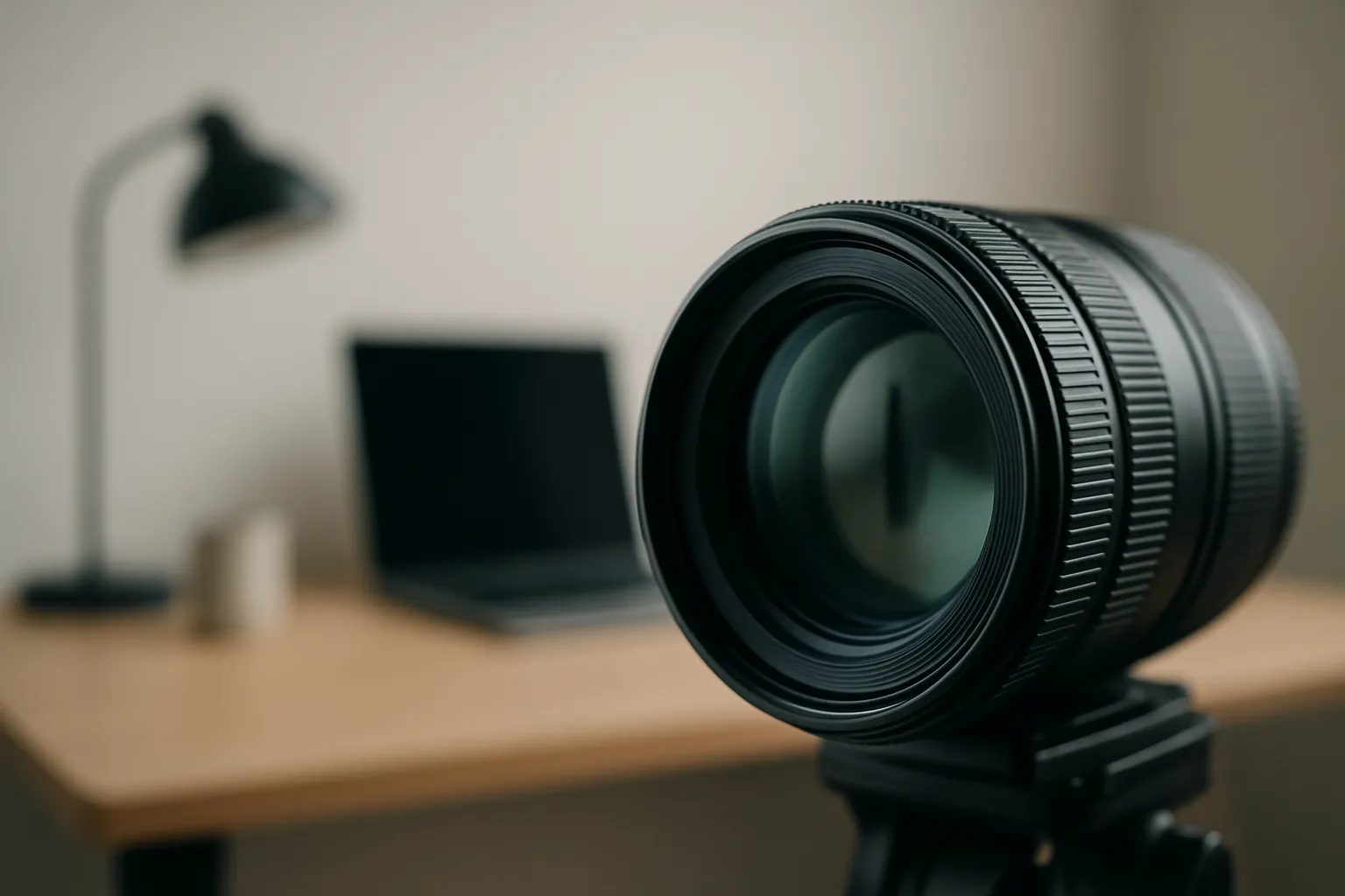 cinematic camera lens focusing on a small detail with shallow depth of field modern minimal workspace