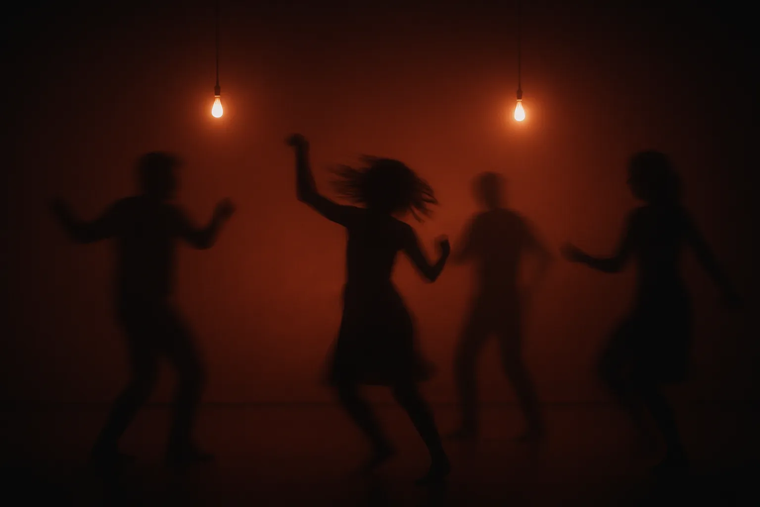 silhouettes of people dancing under minimalist lights in a dark room long exposure photography
