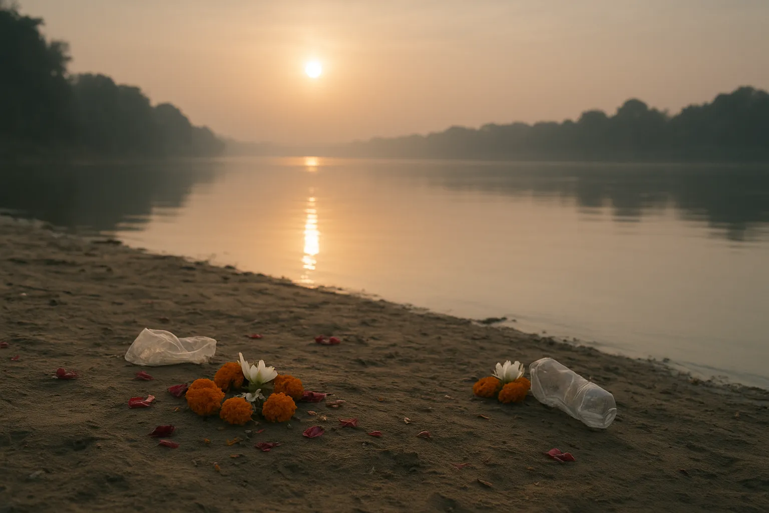 quiet riverbank at sunrise with scattered flower offerings and plastic litter documentary photography