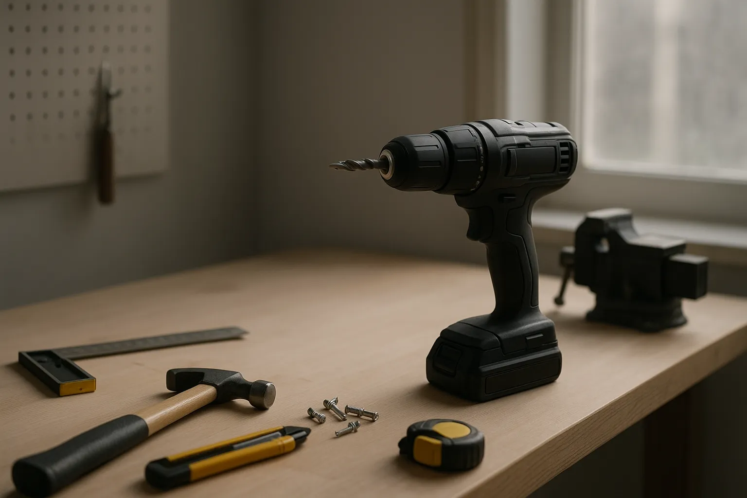 workshop with modern tools on a clean workbench soft natural light