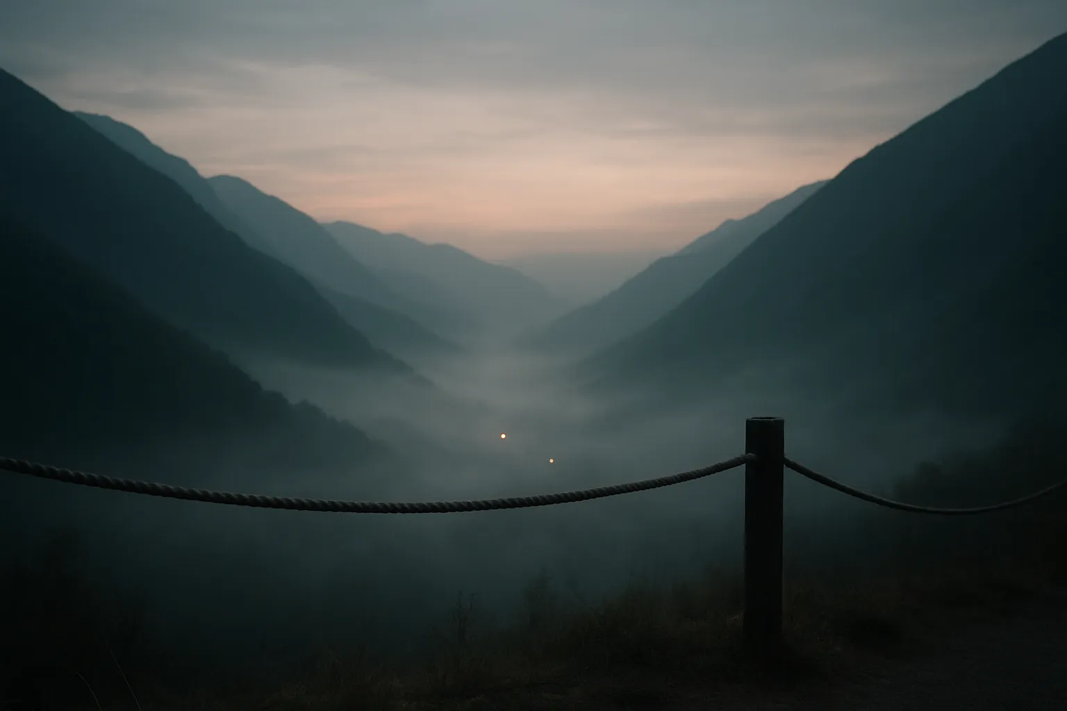 misty mountain valley at dusk with faint distant lights and a rope barrier in the foreground cinematic photography