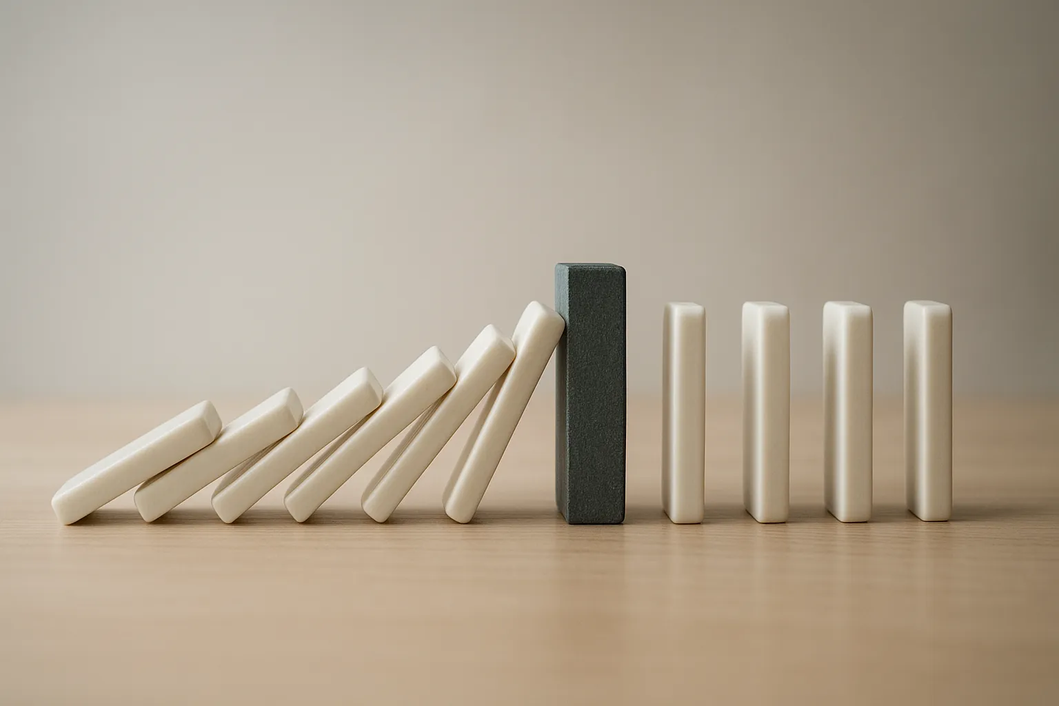 domino effect line of dominos with one weighted piece stopping collapse concept