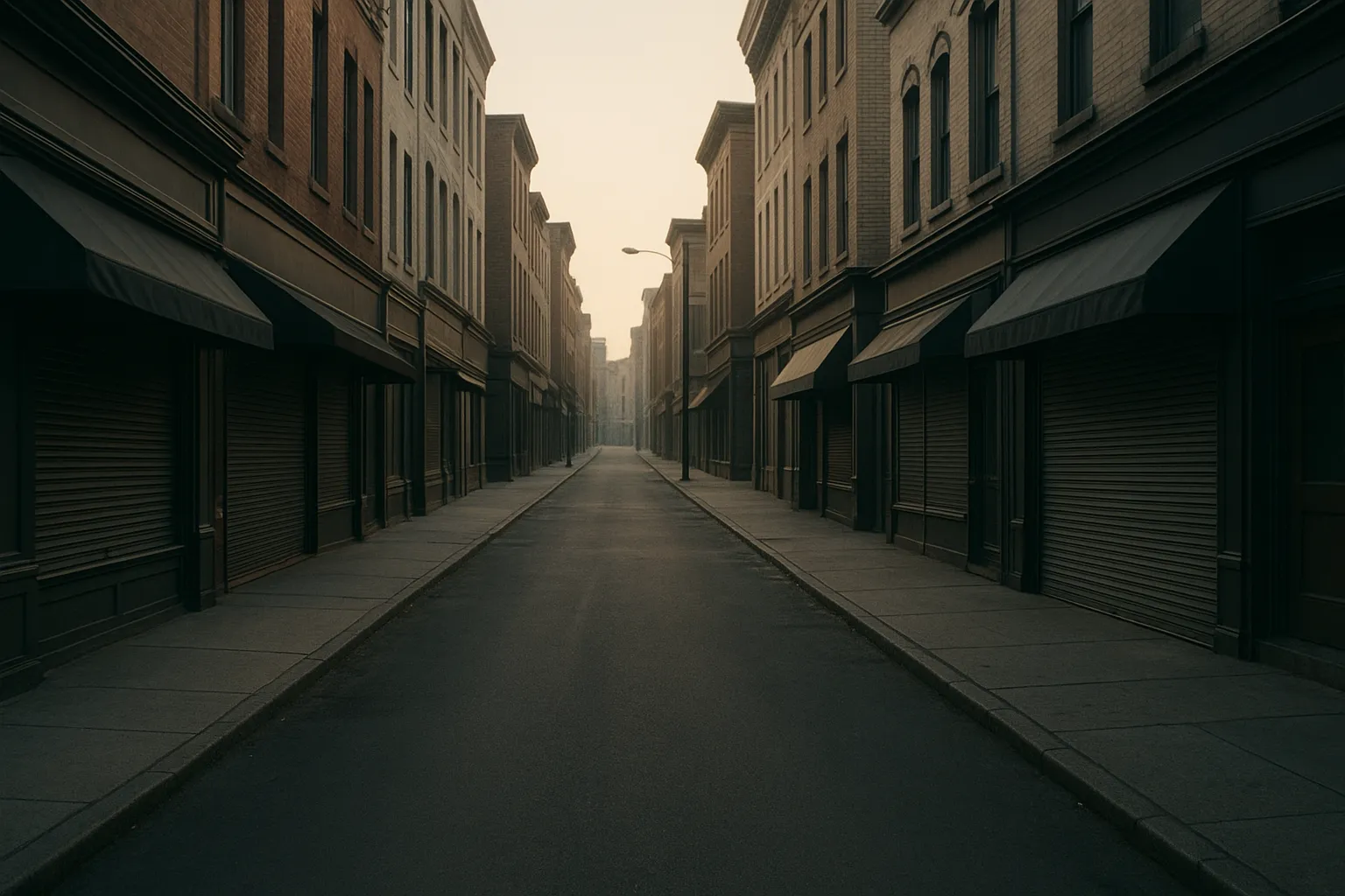 empty city street small shops closed evening subdued tones