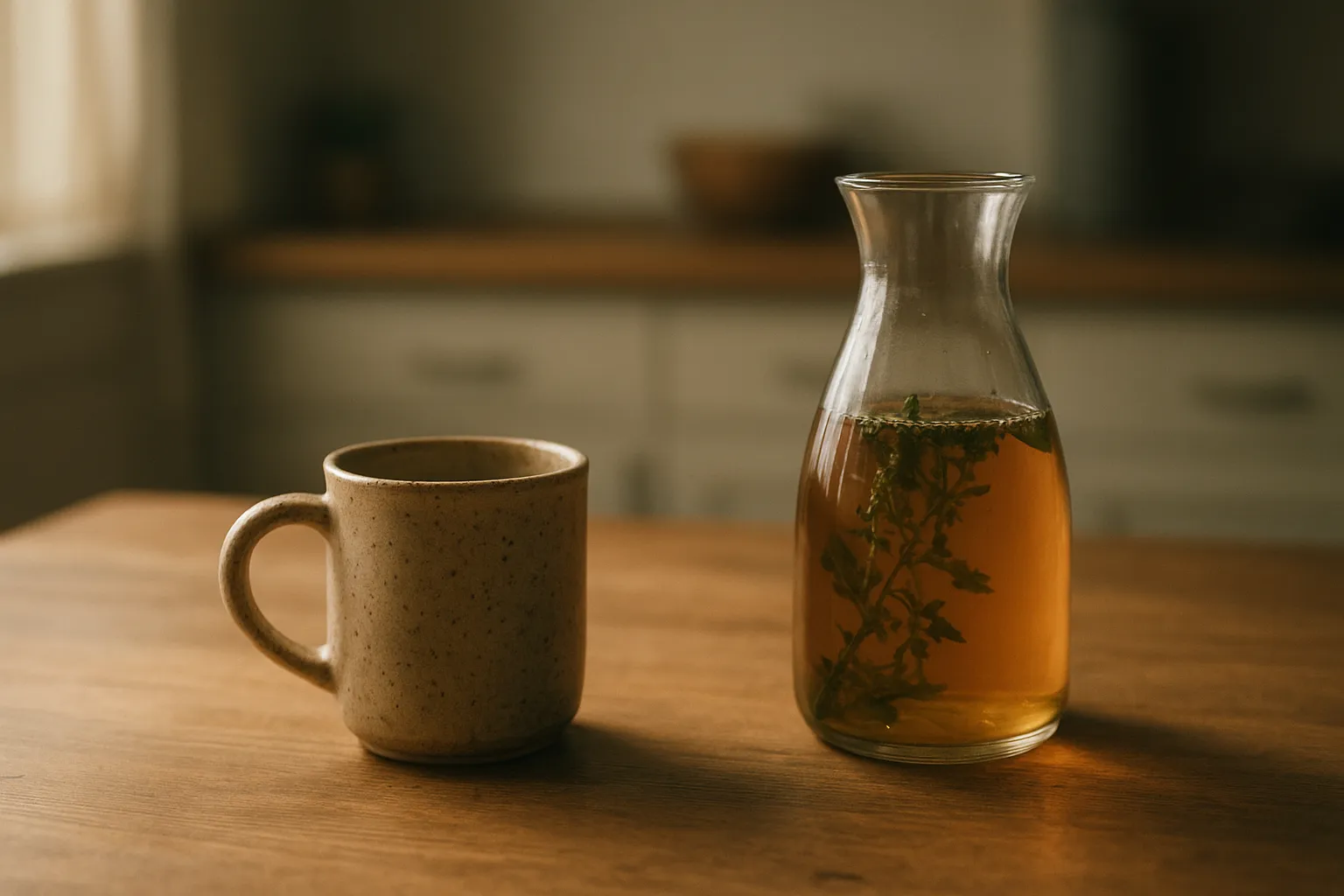 warm kitchen table with a handmade ceramic mug and glass carafe of herbal infusion sunlight cozy atmosphere