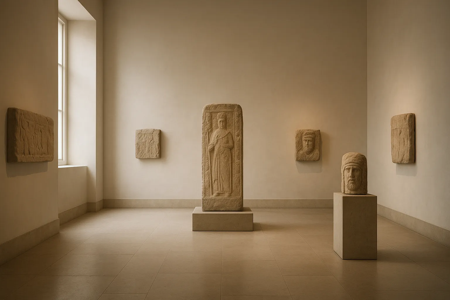 quiet museum gallery with ancient carved stones soft natural light photograph