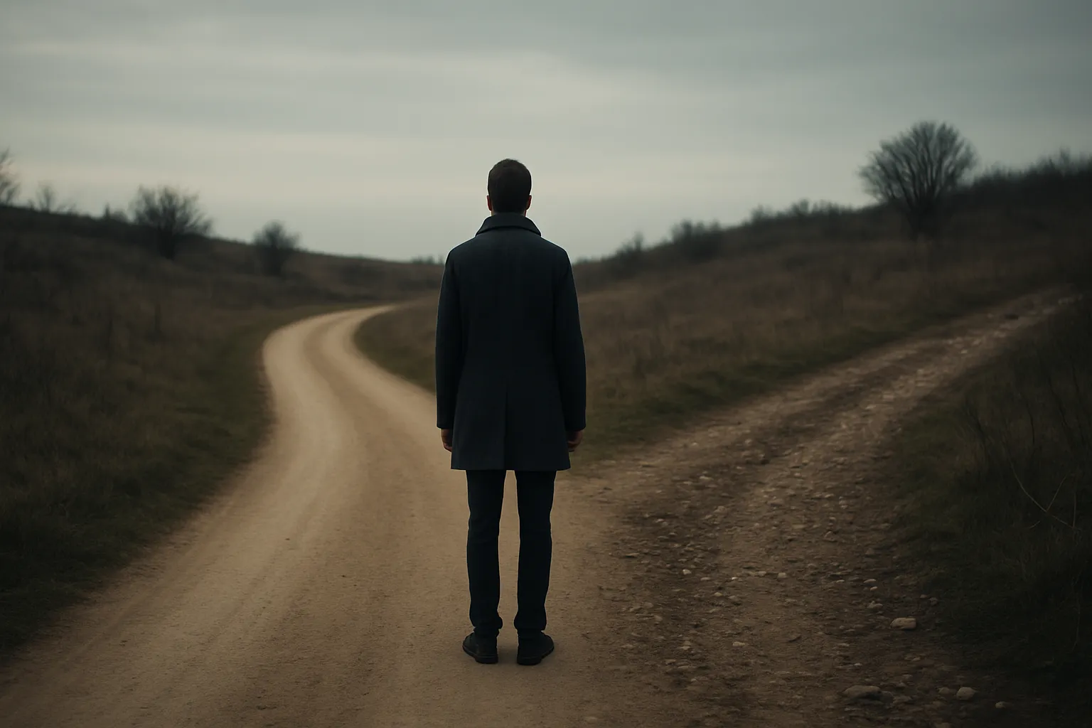 person standing at a crossroads with one path smooth and one path rough minimalist moody photography