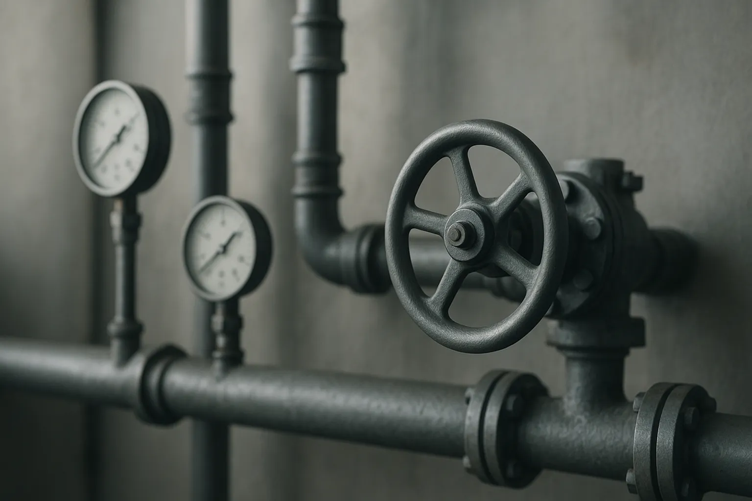 industrial pipes valves gauges concept of flow control muted colors